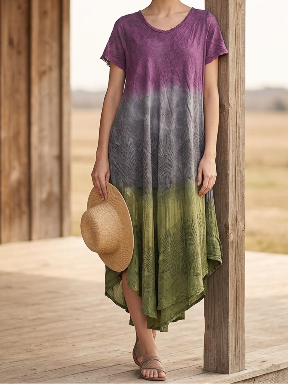 Papa Vancouver | Free Size | Rayon Purple to Green Ombre Swing Dress | Vacation